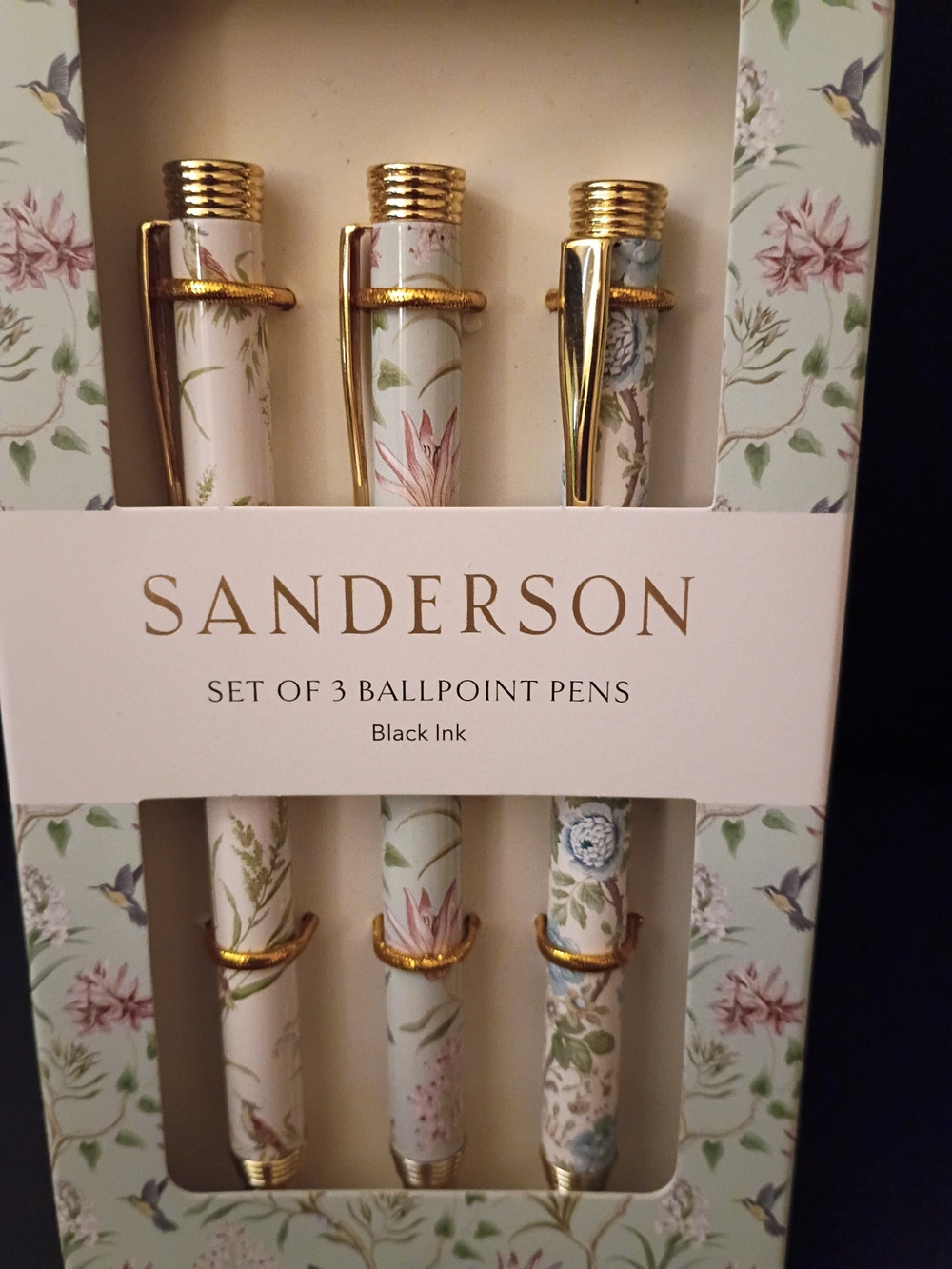 Sanderson Set of 3 Floral Ballpoint Pens - Cream & Blue - Picture 2 of 3